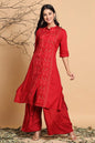 Red Rayon Slub Printed A-Line Kurta