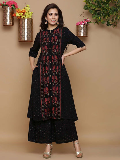 Women's Black Rayon Slub Printed A-Line Kurta