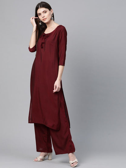 Women's  Maroon & Navy Blue Solid Kurta with Palazzos & Printed Dupatta