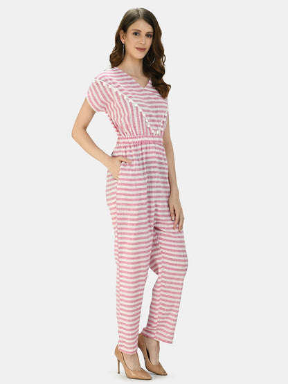 Women's Pink Cotton Printed Short Sleeve Round Neck Casual Jumpsuit