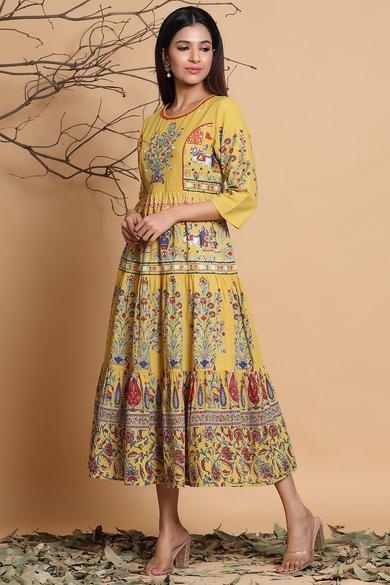 Mustard Cambric Printed Tiered Dress