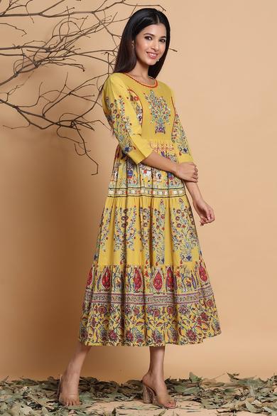 Mustard Cambric Printed Tiered Dress
