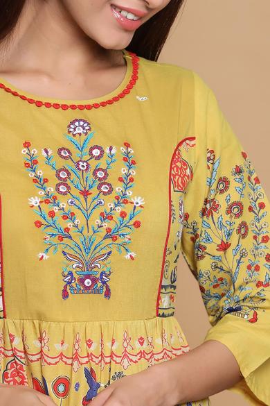 Mustard Cambric Printed Tiered Dress