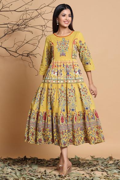Mustard Cambric Printed Tiered Dress