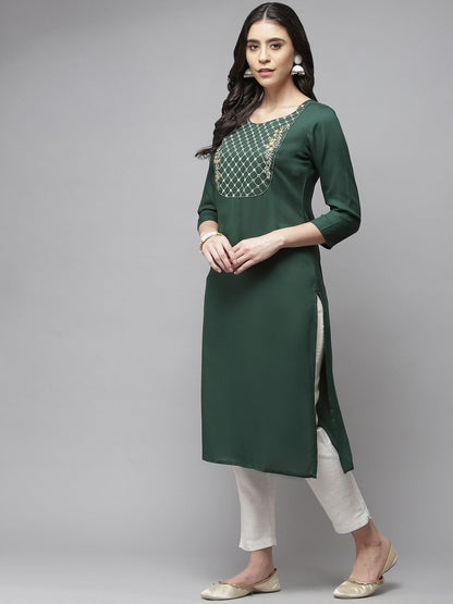 Women's Green Floral Printed Rayon Kurta With Gotta Patti Detail