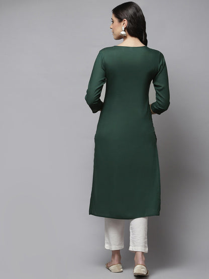Women's Green Floral Printed Rayon Kurta With Gotta Patti Detail