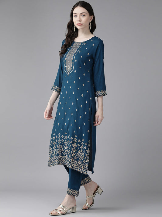 Women's Blue Golden Print Straight Kurta Trousers And Dupatta Set