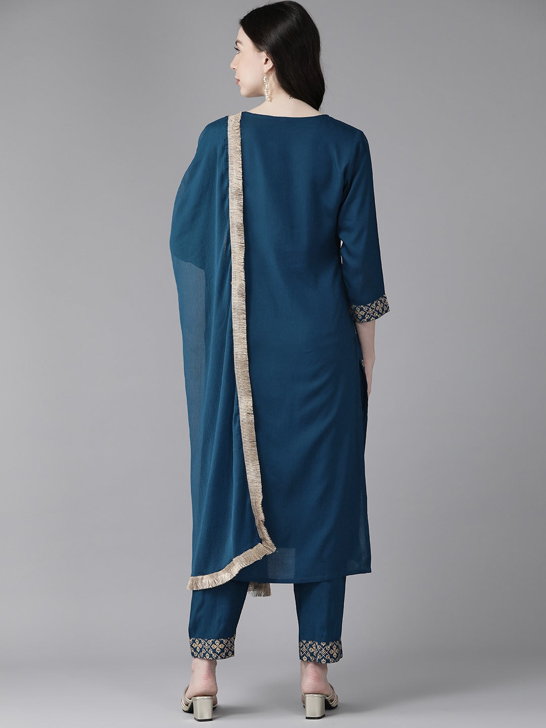 Women's Blue Golden Print Straight Kurta Trousers And Dupatta Set