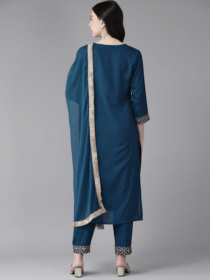 Women's Blue Golden Print Straight Kurta Trousers And Dupatta Set