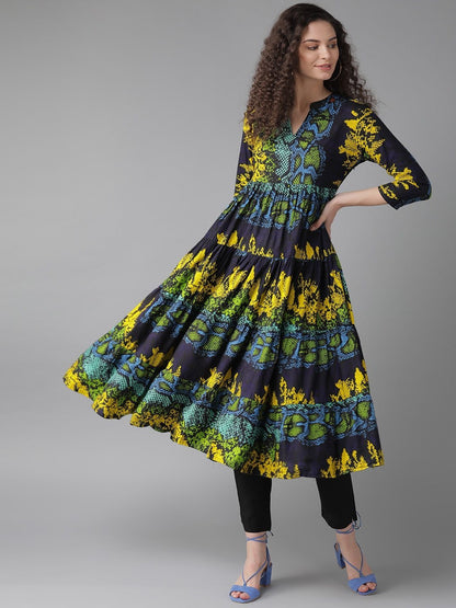 Women's  Navy Blue & Yellow Animal Print Tiered Anarkali Kurta