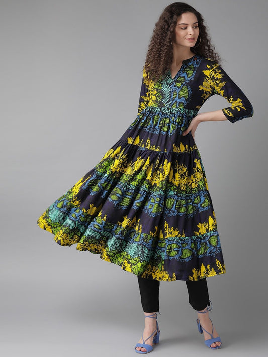 Women's  Navy Blue & Yellow Animal Print Tiered Anarkali Kurta