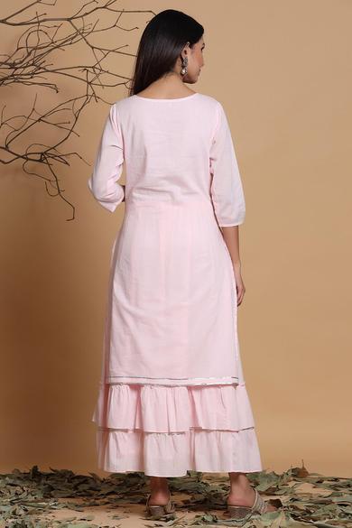 Pink Cotton Mirror Work Layered Kurta Dress With Mask