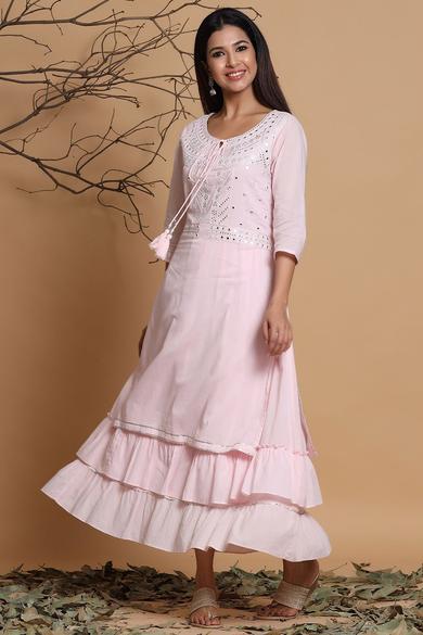 Pink Cotton Mirror Work Layered Kurta Dress With Mask
