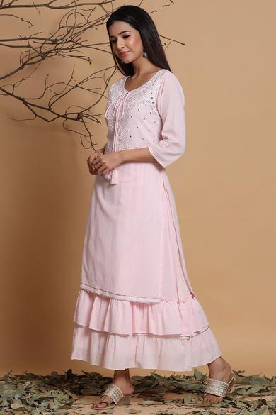 Pink Cotton Mirror Work Layered Kurta Dress With Mask