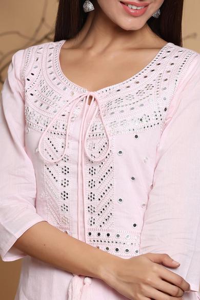 Pink Cotton Mirror Work Layered Kurta Dress With Mask
