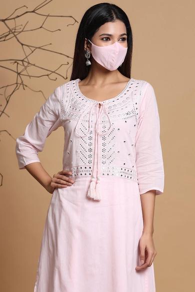 Pink Cotton Mirror Work Layered Kurta Dress With Mask