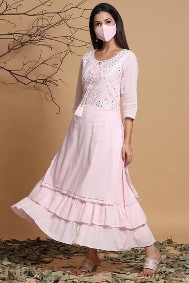Pink Cotton Mirror Work Layered Kurta Dress With Mask