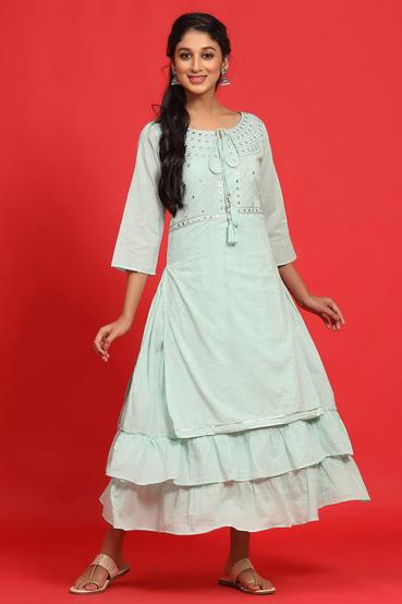 Sagegreen Cotton Mirror Work Layered Kurta Dress With Mask