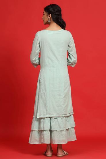 Sagegreen Cotton Mirror Work Layered Kurta Dress With Mask