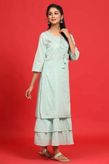Sagegreen Cotton Mirror Work Layered Kurta Dress With Mask