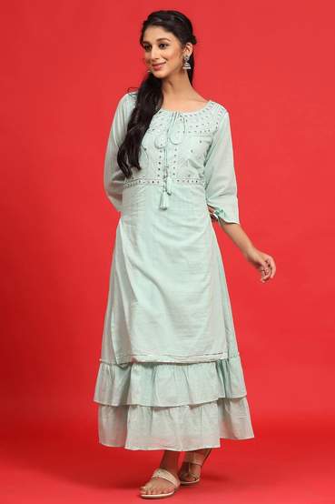Sagegreen Cotton Mirror Work Layered Kurta Dress With Mask