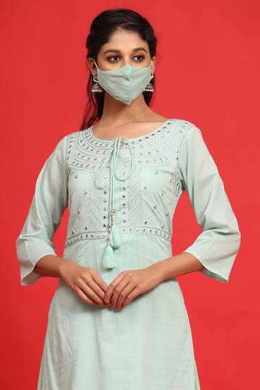 Sagegreen Cotton Mirror Work Layered Kurta Dress With Mask