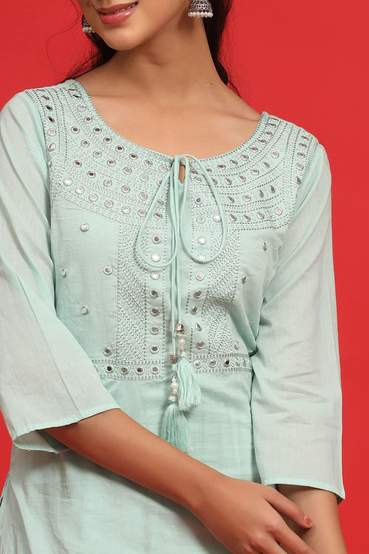 Sagegreen Cotton Mirror Work Layered Kurta Dress With Mask