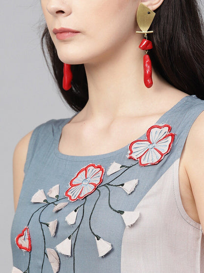 Women's  Blue & Grey Applique Detail Straight Kurta