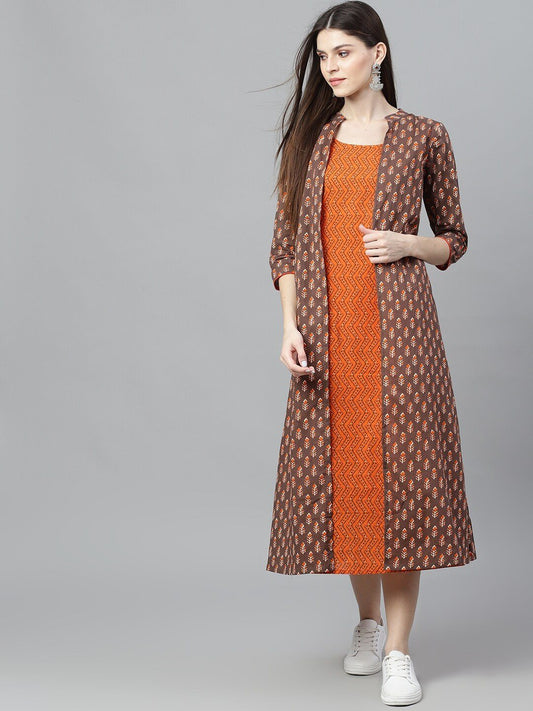 Women's  Brown Printed A-Line Dress