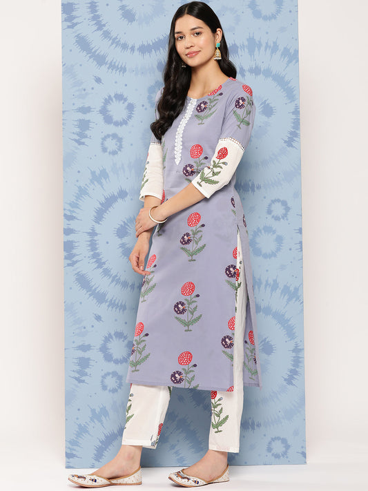 Women's Grey Floral Straight Kurta Trouser And Dupatta Set