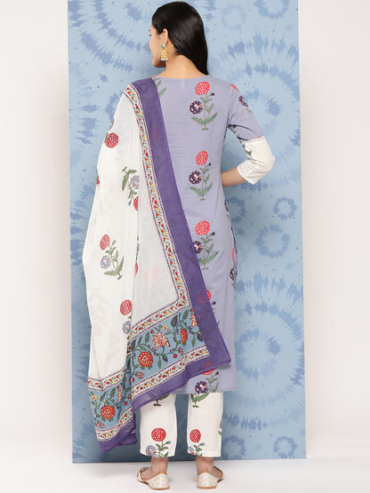 Women's Grey Floral Straight Kurta Trouser And Dupatta Set