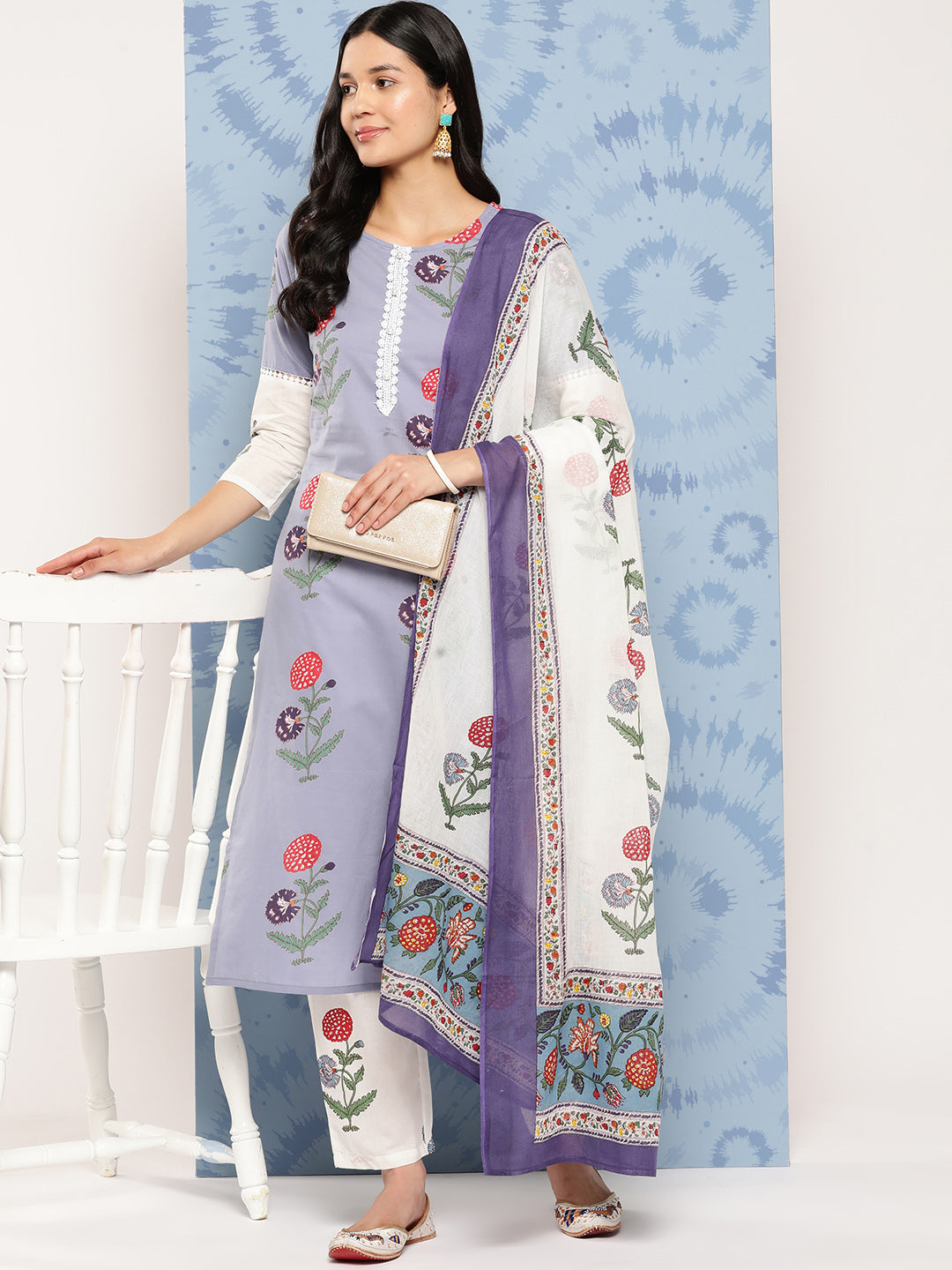 Women's Grey Floral Straight Kurta Trouser And Dupatta Set