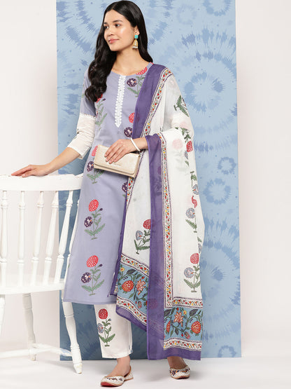 Women's Grey Floral Straight Kurta Trouser And Dupatta Set