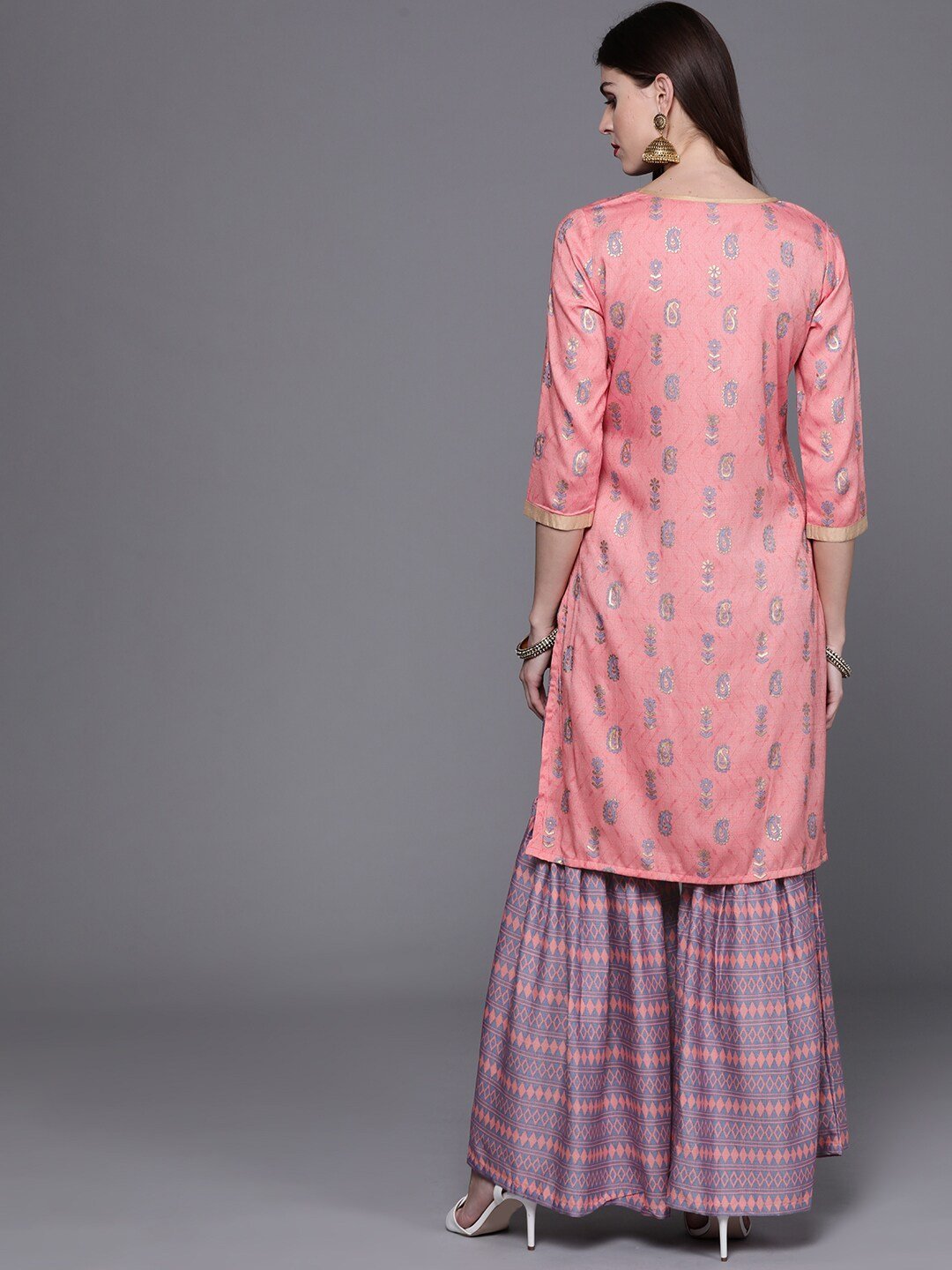 Women's  Pink & Blue Screen Print Kurta with Sharara