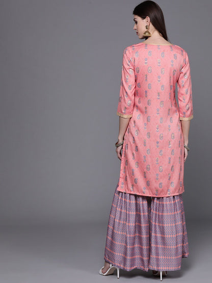 Women's  Pink & Blue Screen Print Kurta with Sharara