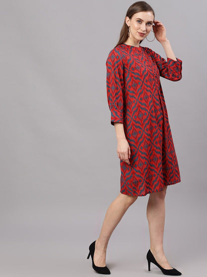 Women's  Red Ikat Printed A-Line Dress