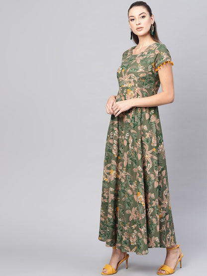 Women's  Olive Green & Beige Floral Printed Maxi Dress
