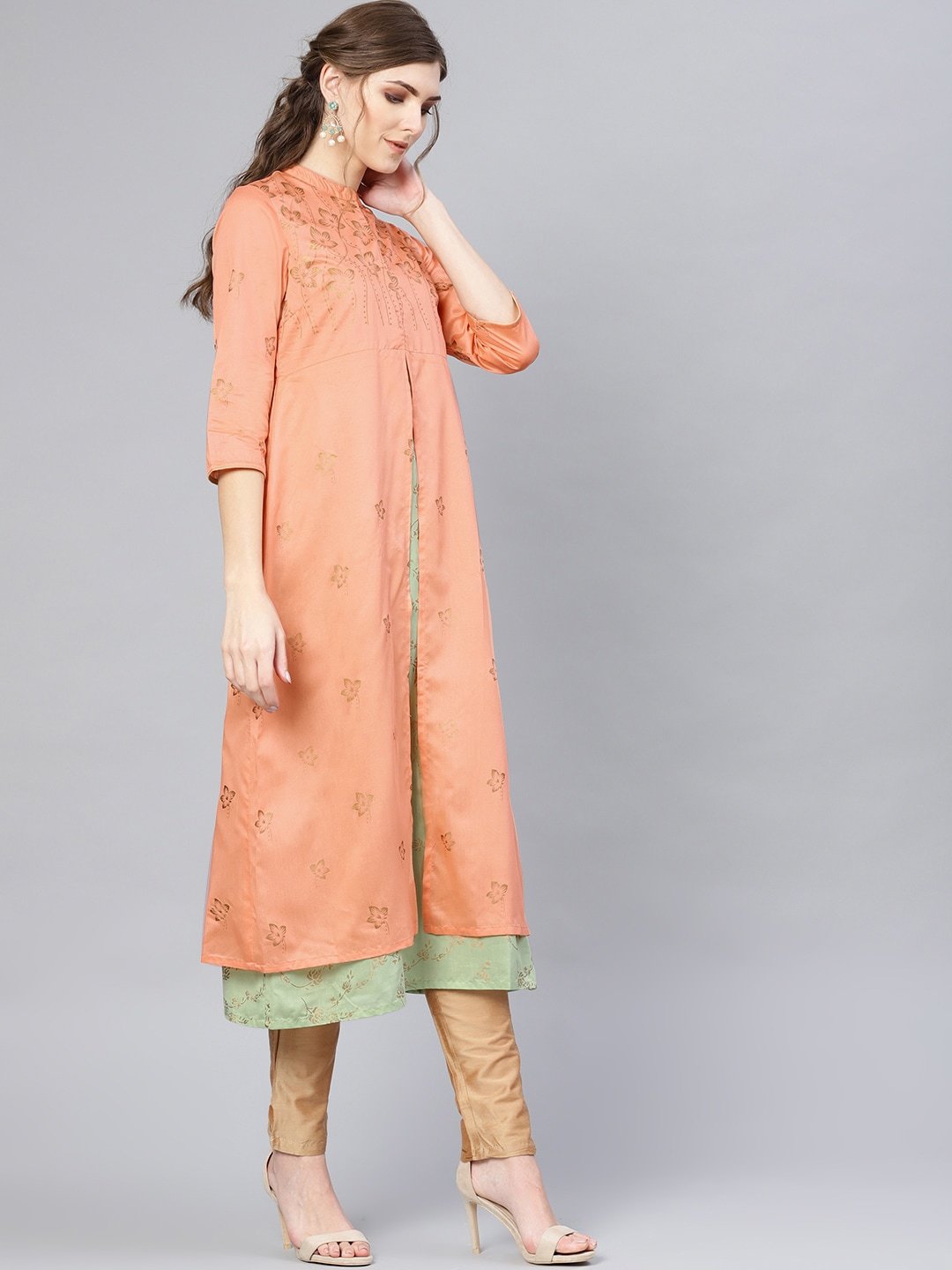 Women's  Peach-Coloured & Green Floral Printed Layered A-Line Kurta