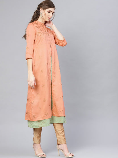 Women's  Peach-Coloured & Green Floral Printed Layered A-Line Kurta
