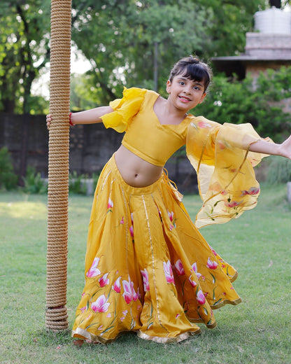 Girl's Daria Satin Handpainted Lehenga Set