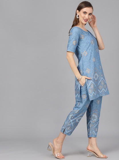 Women's  Blue & Gold-Coloured Printed Kurta with Trousers