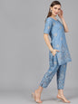 Women's  Blue & Gold-Coloured Printed Kurta with Trousers