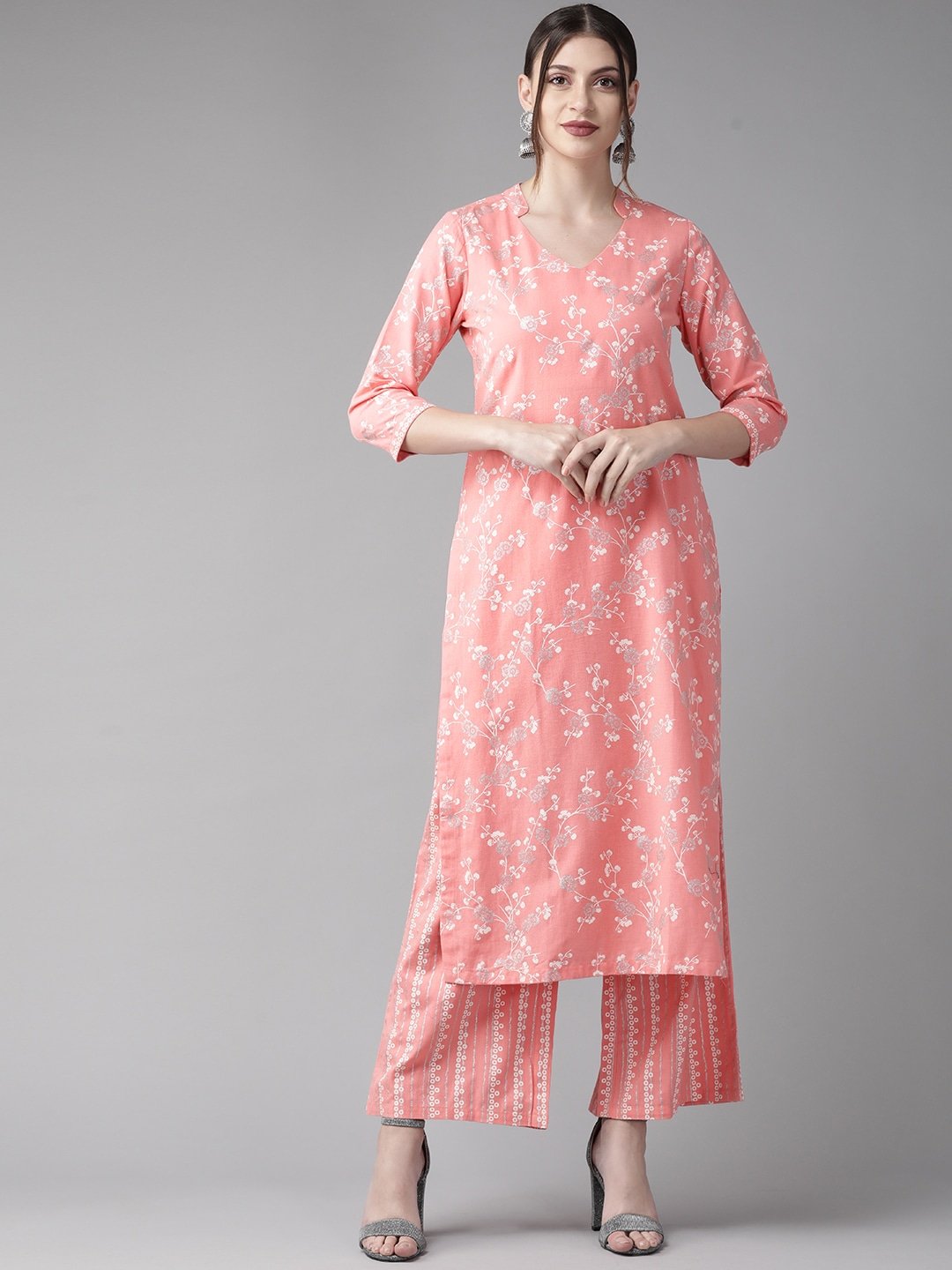 Women's  Pink & White Printed Kurta with Palazzos