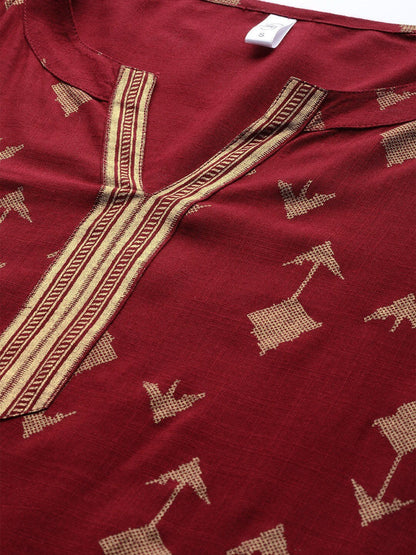 Women's  Maroon & Golden Printed Kurta with Palazzos