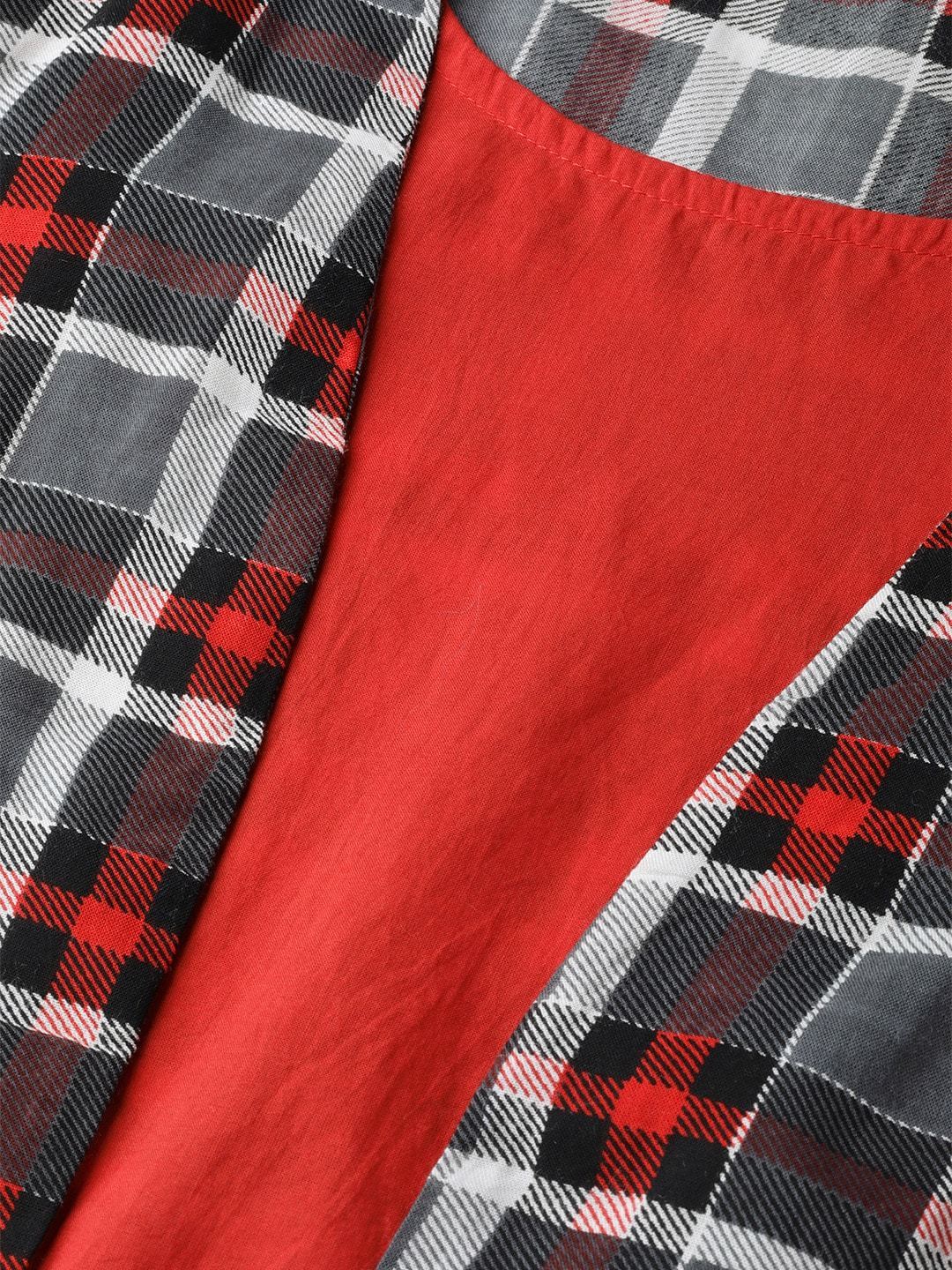 Women's  Grey & Red Checked Layered A-Line Dress