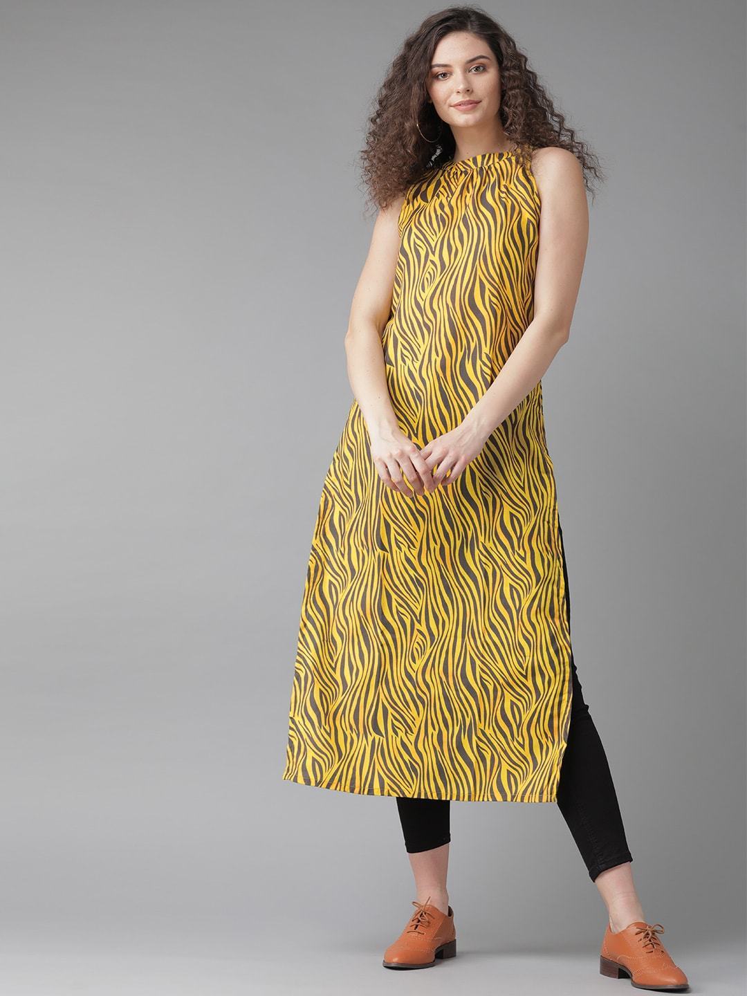 Women's  Yellow & Charcoal Grey Zebra Print Straight Kurta