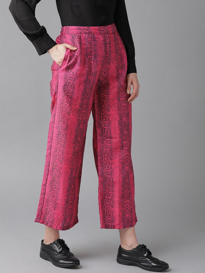 Women's  Pink & Black Printed Snakeskin Print Cropped Straight Palazzos