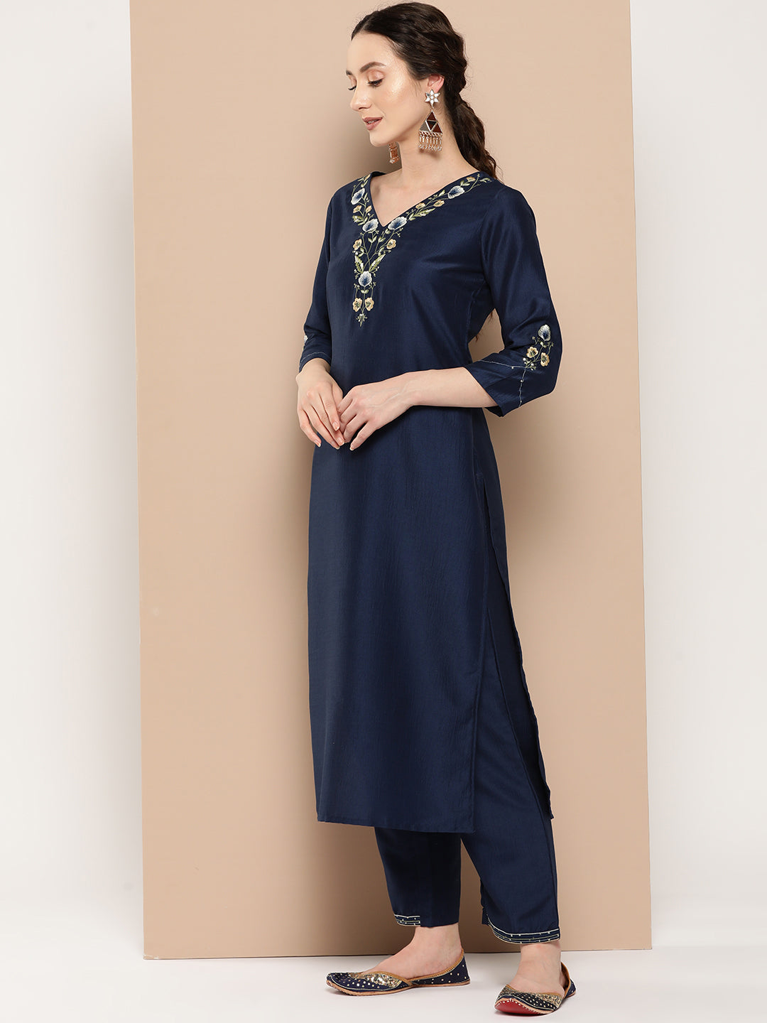 Women's Blue Embroidered Straight Kurta Trouser And Dupatta Set