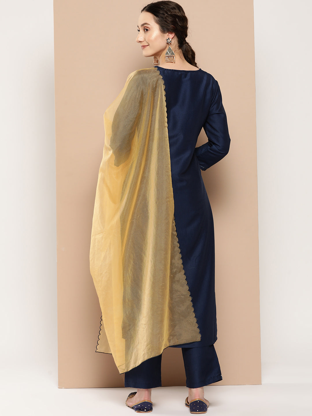Women's Blue Embroidered Straight Kurta Trouser And Dupatta Set