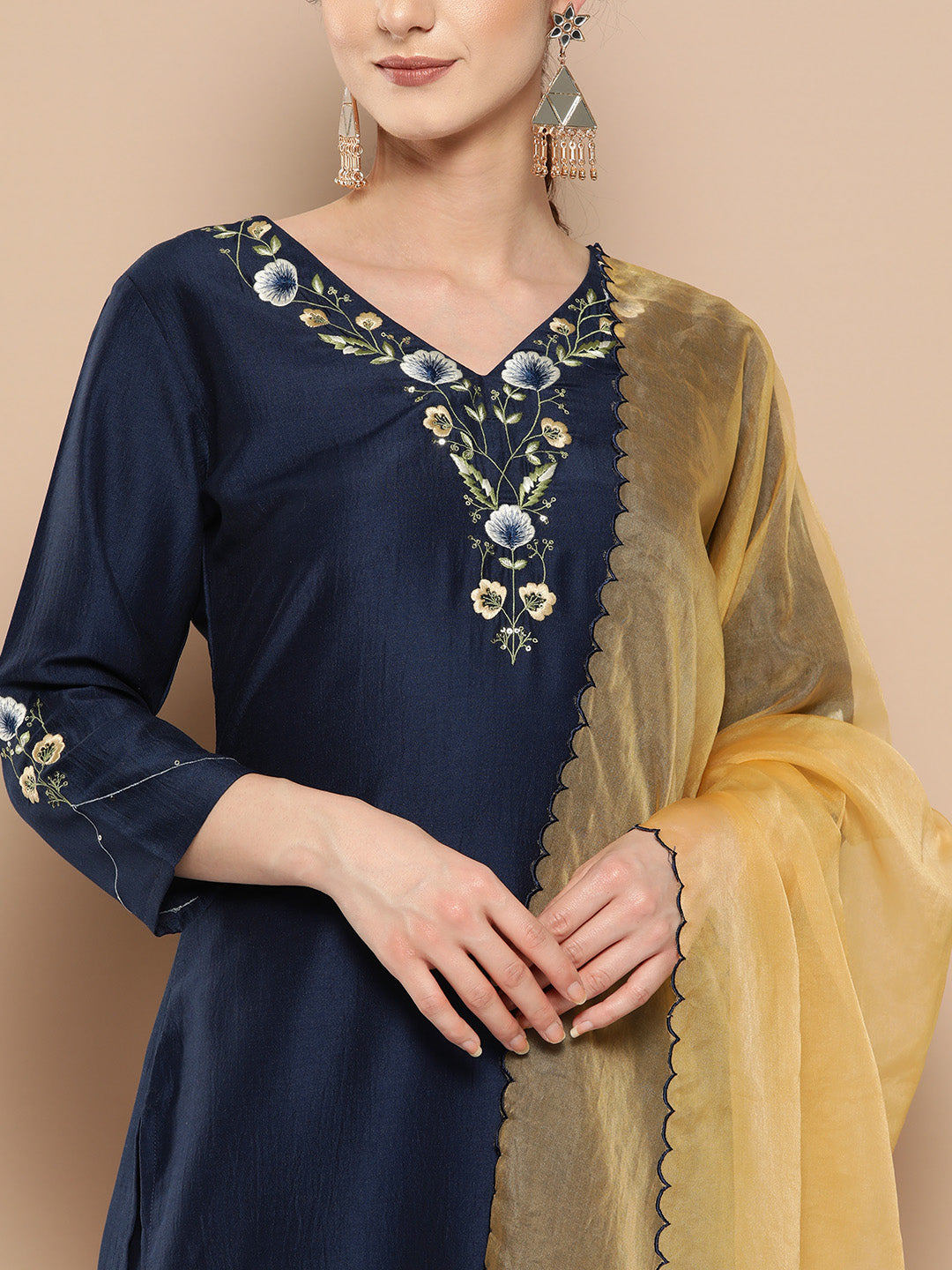 Women's Blue Embroidered Straight Kurta Trouser And Dupatta Set